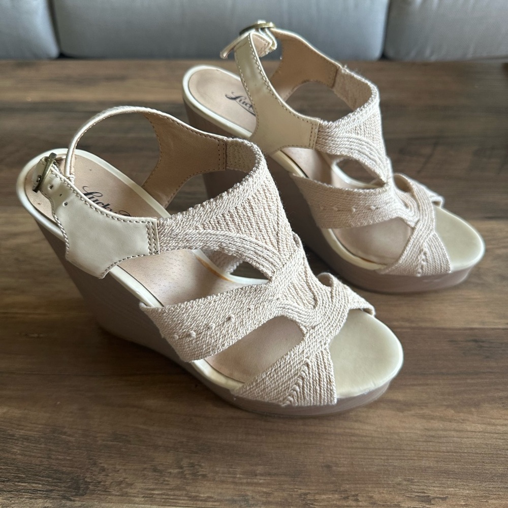 Lucky Brand Rosiee Natural Beige Platform Wedge High Heel Sandal Size 8M